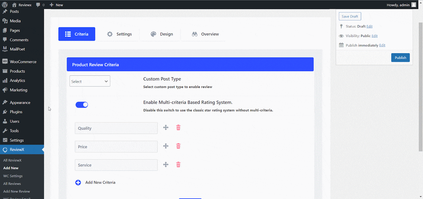 How To Switch Between Multi-criteria Based Rating & WooCommerce Default Single Rating In ReviewX 2 WooCommerce Default Single Rating
